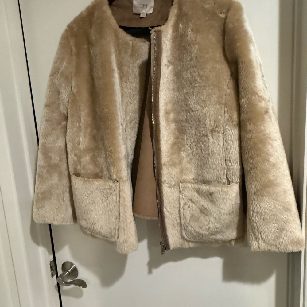 LOFT Cream Faux Fur Lightweight Zip Jacket